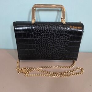 Black Croc Embossed Clutch Gold Metal Top Handle Chain Strap Evening Bag